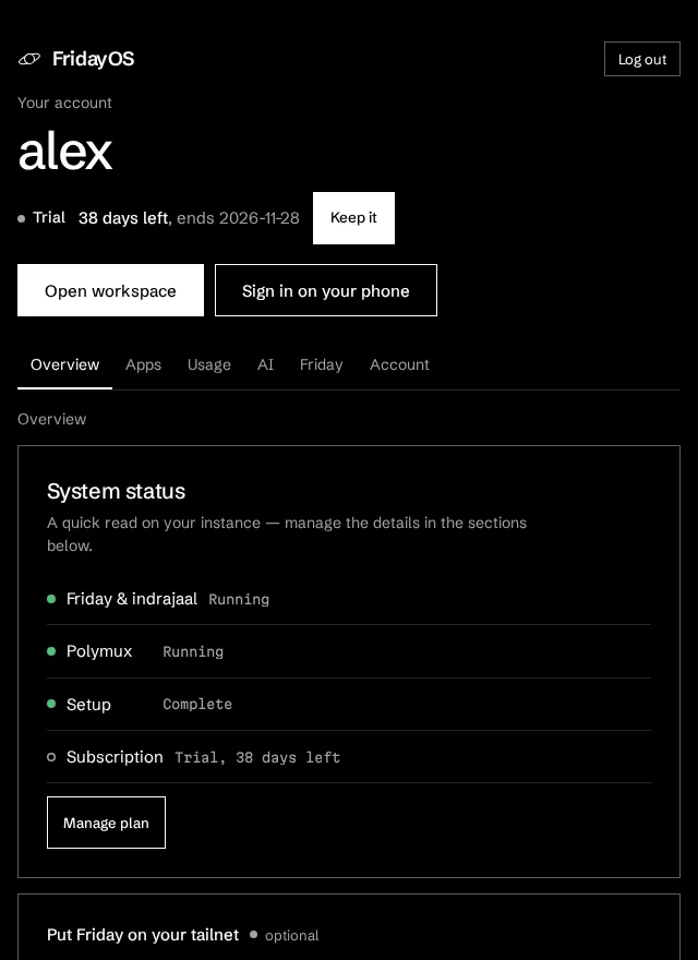 The account dashboard — plan pill, app links with copy buttons, Connect your AI.