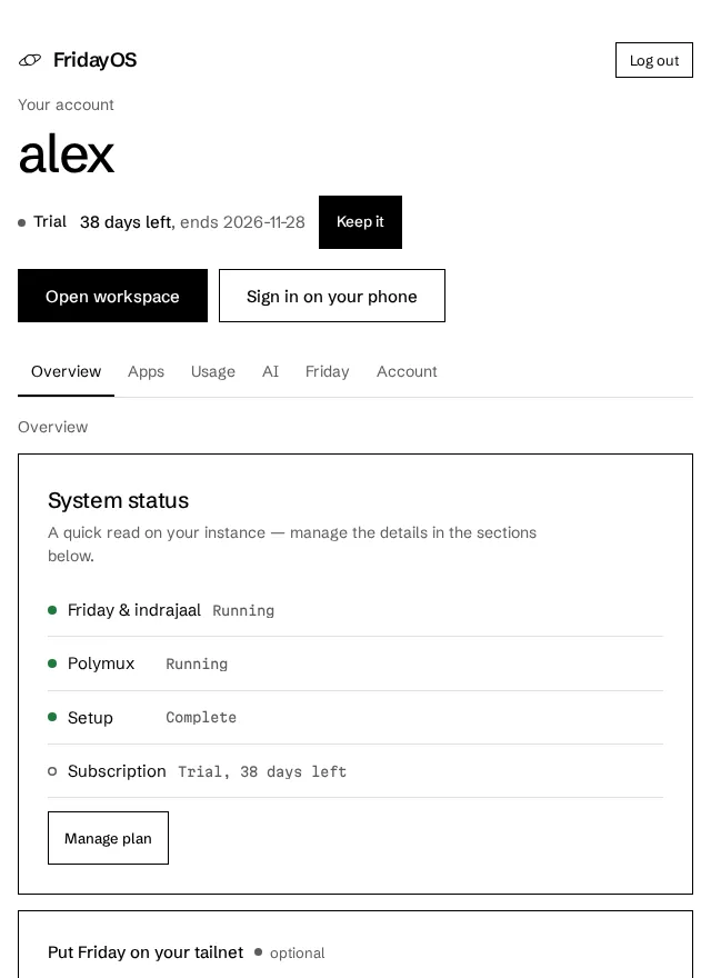 The account dashboard — plan pill, app links with copy buttons, Connect your AI.