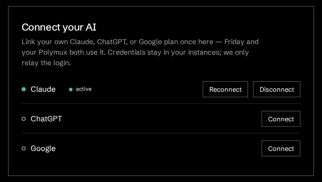 The Connect your AI card — Claude, ChatGPT and Google, each with a Connect button.