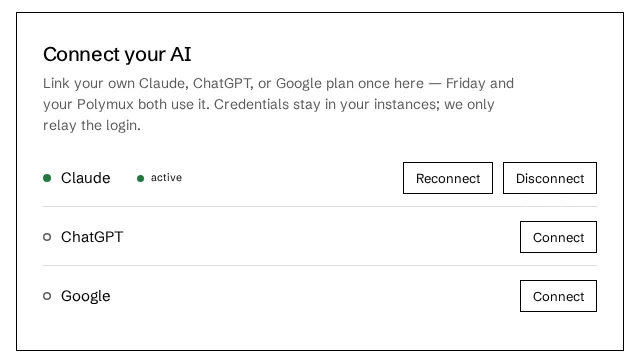The Connect your AI card — Claude, ChatGPT and Google, each with a Connect button.