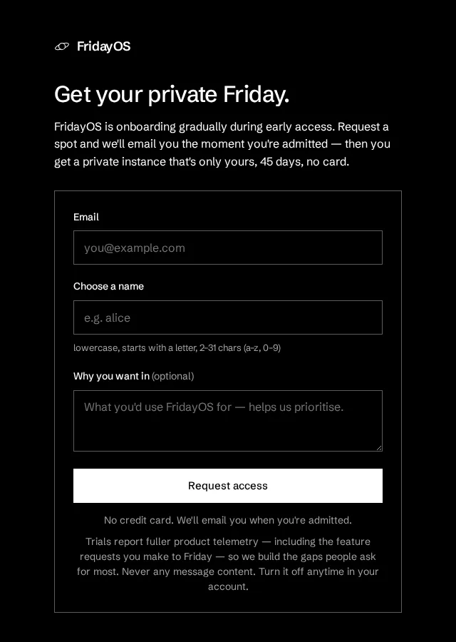 The access-request form — name, email and an optional note, with a live subdomain preview.