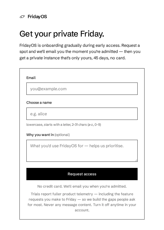The access-request form — name, email and an optional note, with a live subdomain preview.